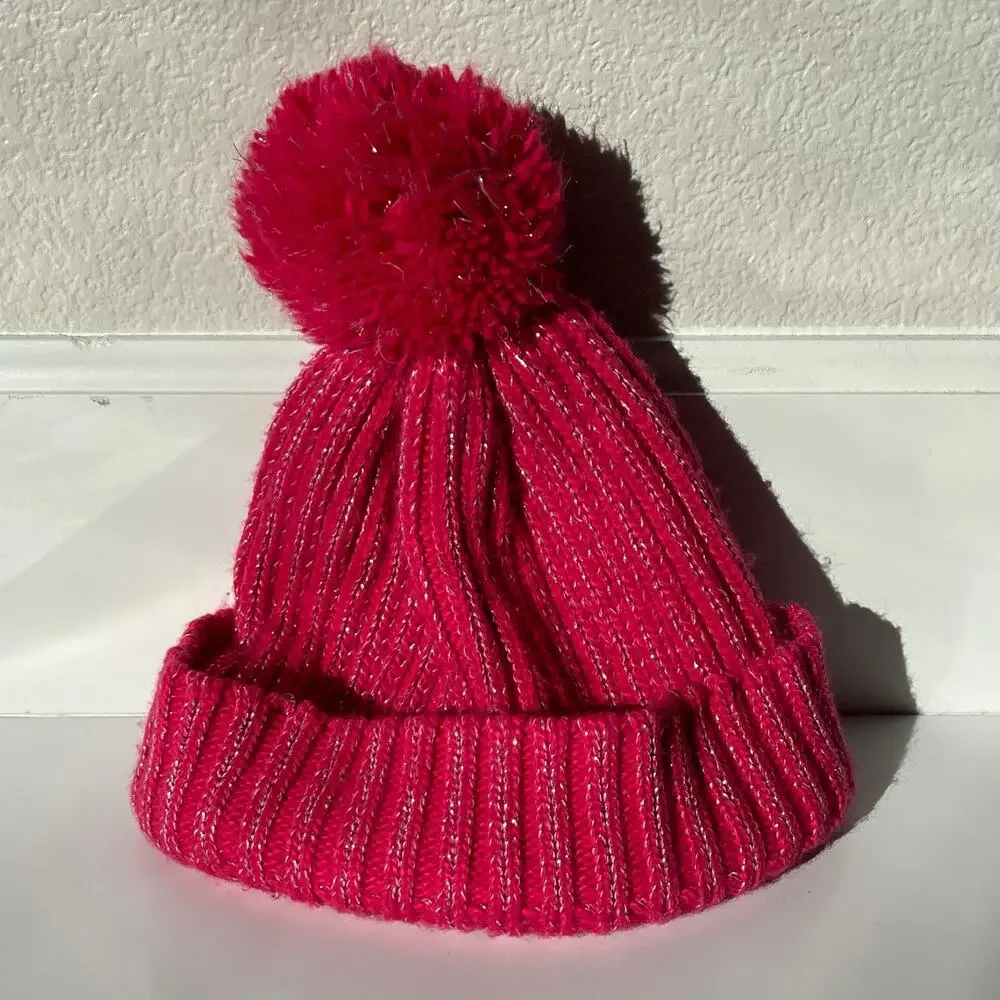 Girls Size 4-16 Pink Beanie Pom Pom Sparkly Pullover Cable Knit Acrylic Blend